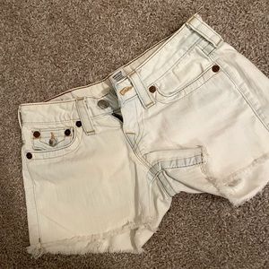 True Religion washed out white frayed denim shorts